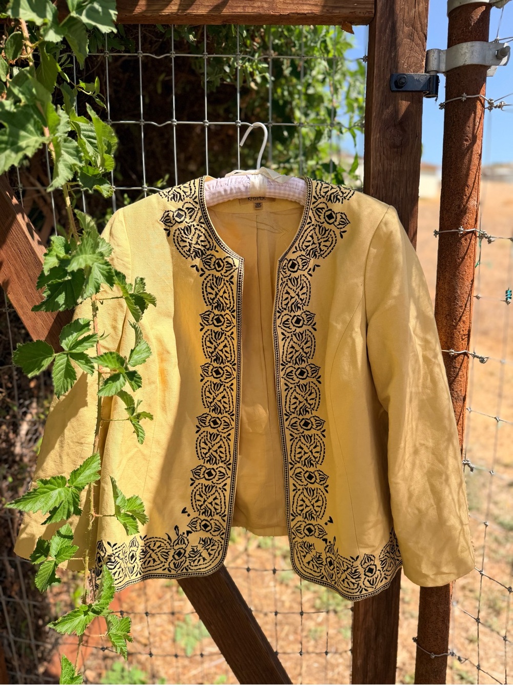 Yellow Embroidered Open-Front Women's Blazer